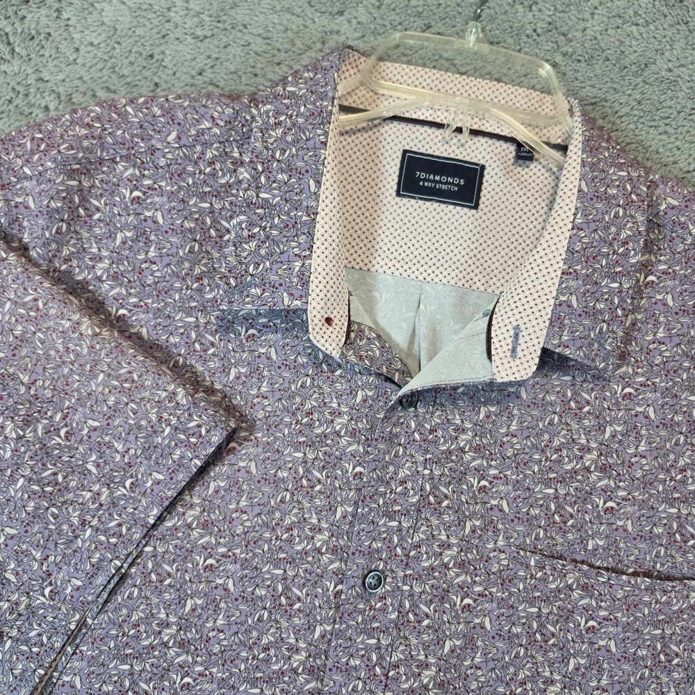 7 Diamonds 4 Way Stretch Shirt Mens XXL Purple Floral Button Down Short Sleeve